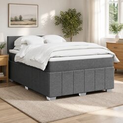 Double Box Spring Bed with Pocket Mattress Grey Fabric Frame Slats Support