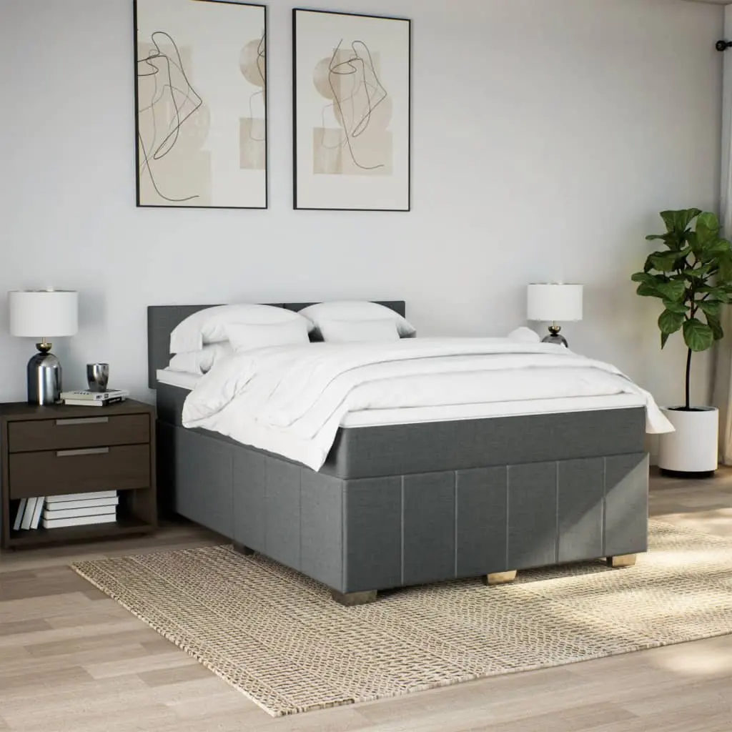 Queen Bed Frame Grey Upholstered Fabric with Pocket Spring Mattress and Mattress Topper