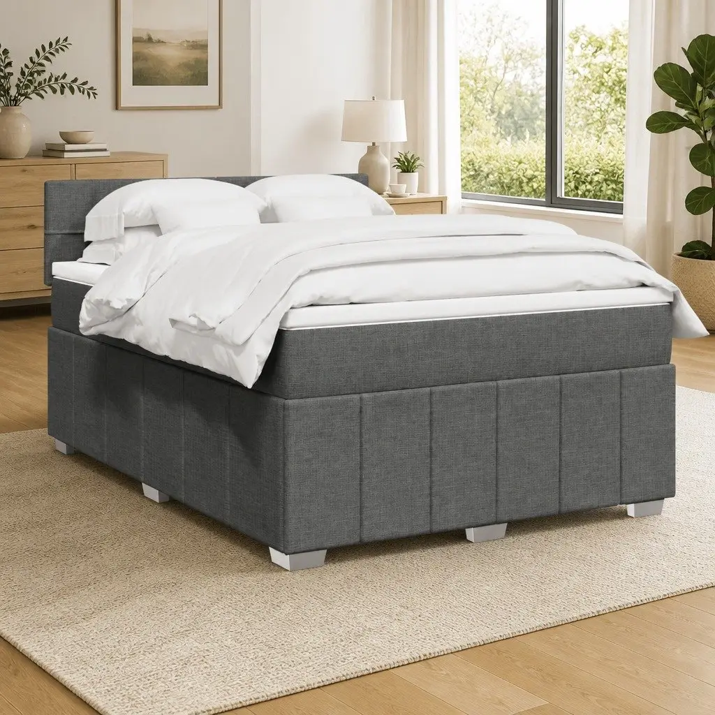 Queen Box Spring Bed with Pocket Mattress Black Fabric Frame Slats
