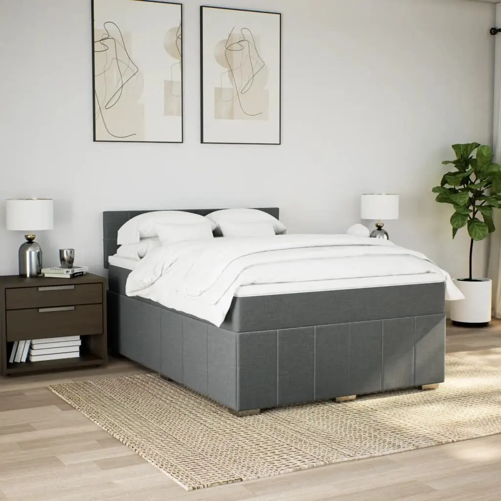 Queen Box Spring Bed with Pocket Mattress Black Fabric Frame Slats