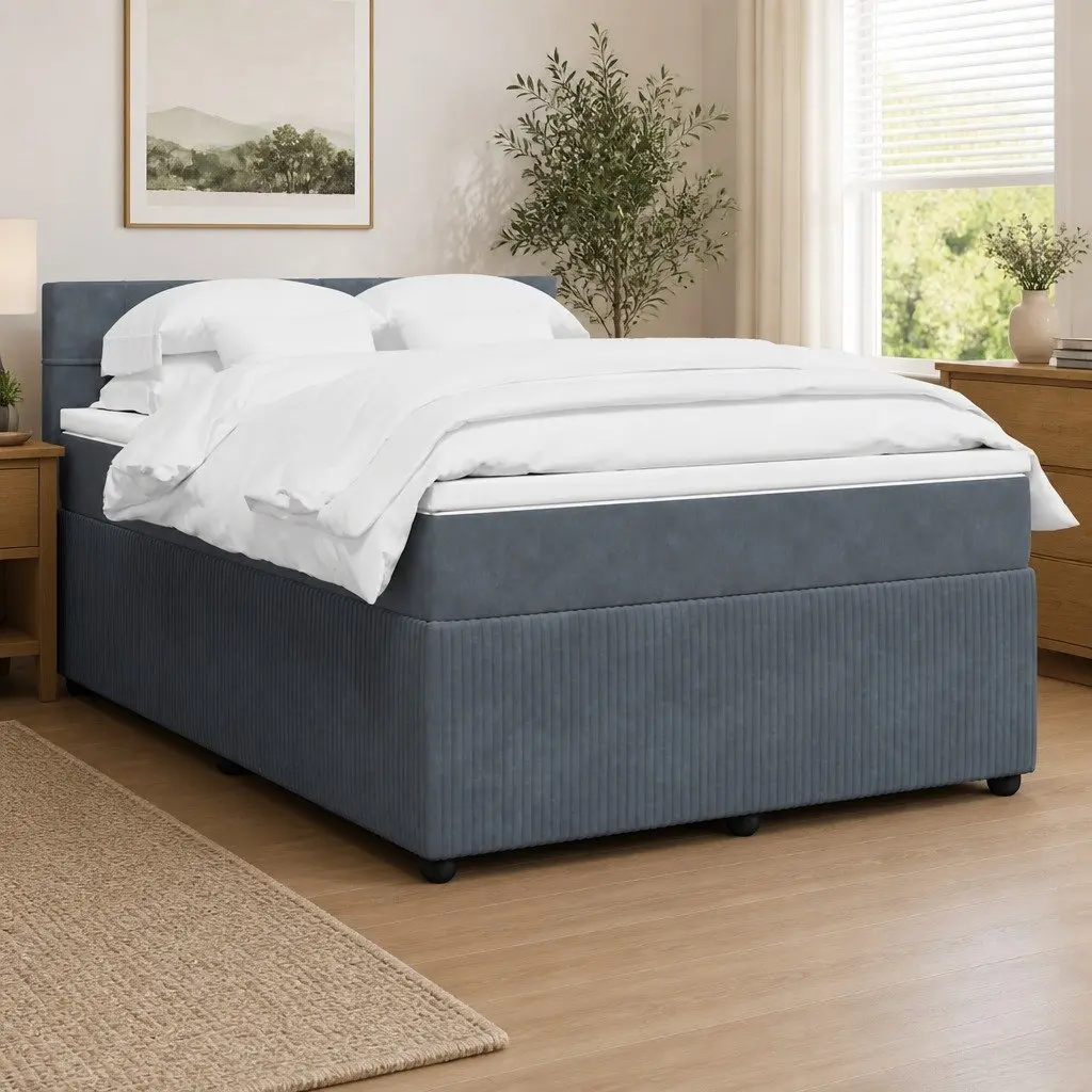 Grey Velvet Box Spring Bed with Pocket Spring Mattress