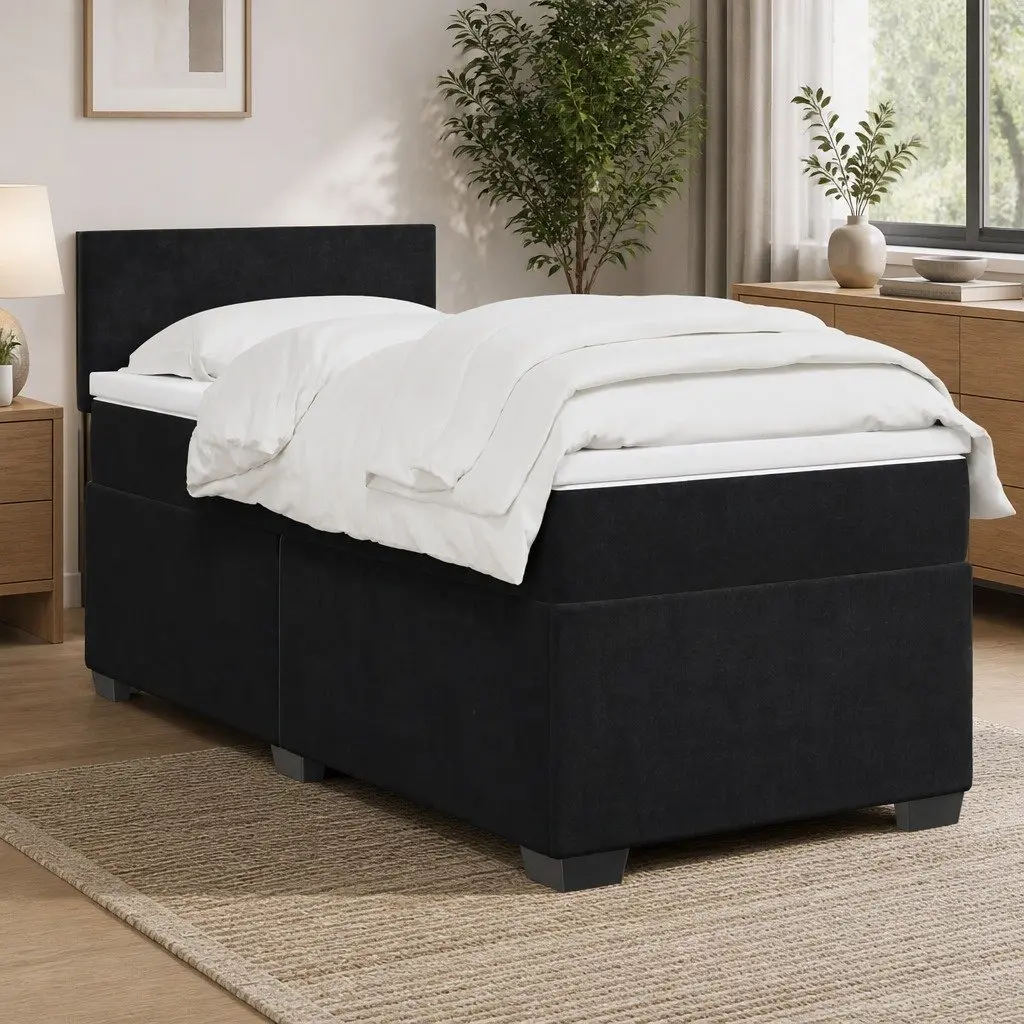 Box Spring Bed Pocket Spring Mattress King Single Black Polyester Fabric with Adjustable LED Lights
