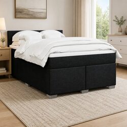 Double Box Spring Bed with Pocket Spring Mattress LED Lights Black Fabric