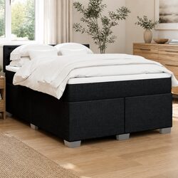 Queen Box Spring Bed with Pocket Mattress LED Lights Black Fabric Bedroom