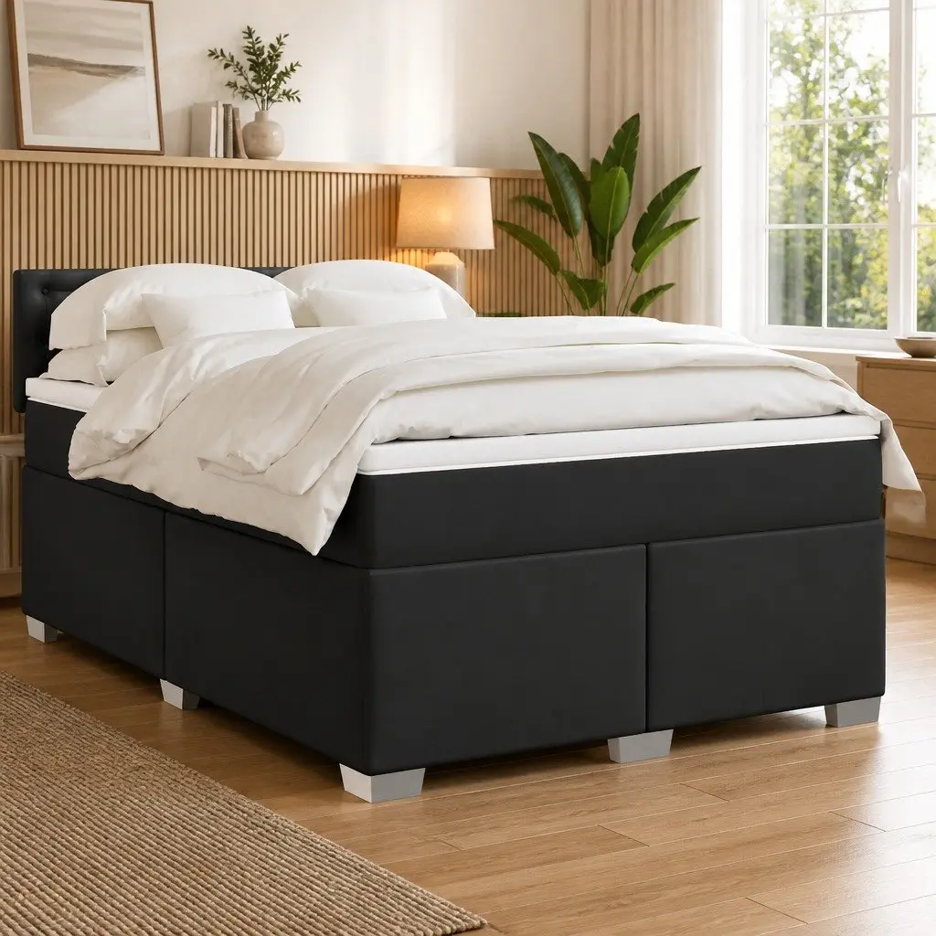 Box Spring Bed Faux Leather Black Pocket Sprung Mattress with LED Lights