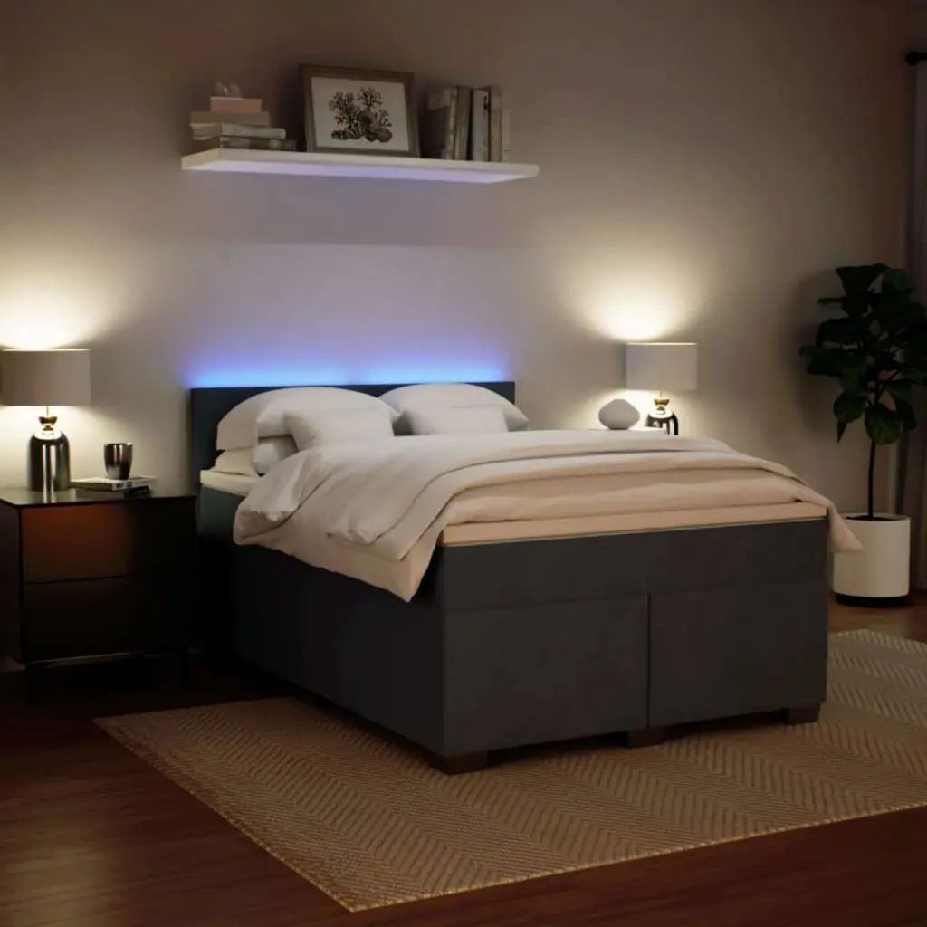 Box Spring Bed Velvet Double Size Dark Grey with Mattress