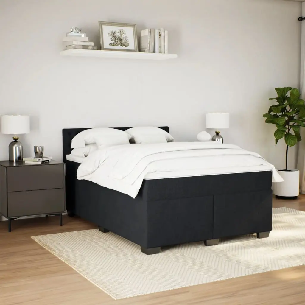 Black Velvet Upholstered Double Box Spring Bed with Mattress