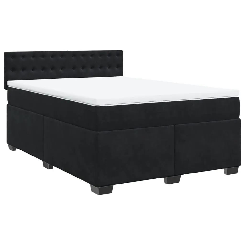 Black Velvet Upholstered Double Box Spring Bed with Mattress