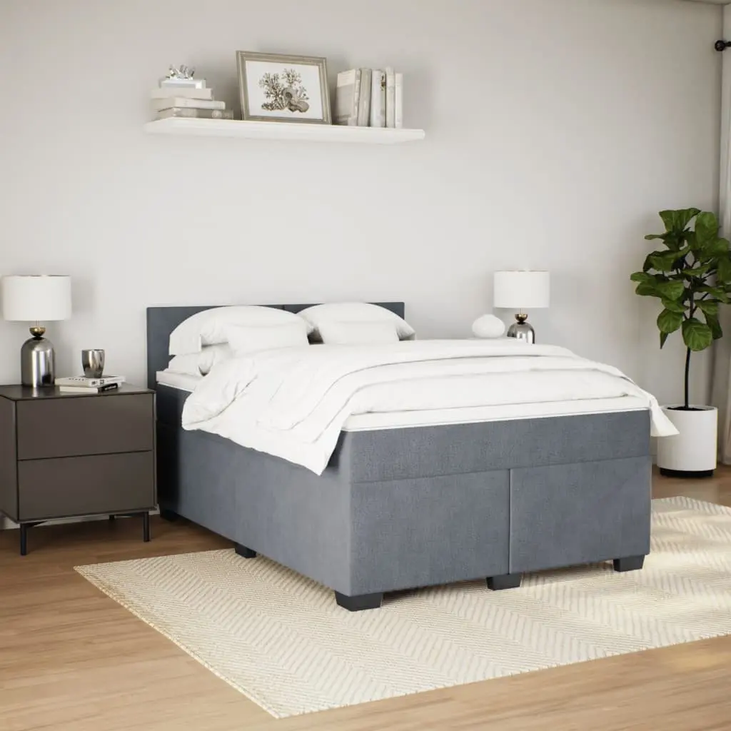 Box Spring Bed Velvet Queen Size Dark Grey with Mattress and LED Lights
