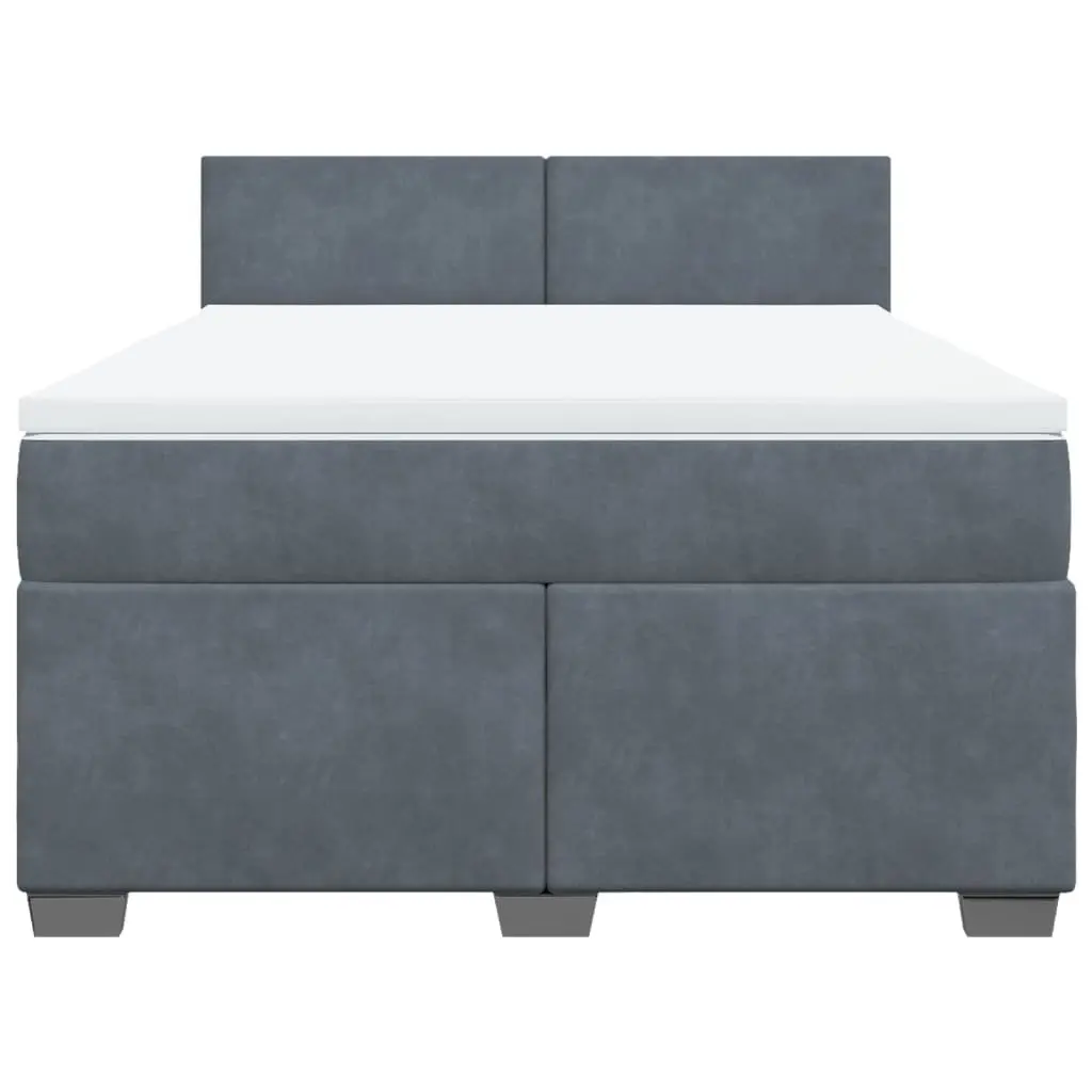 Box Spring Bed Velvet Queen Size Dark Grey with Mattress and LED Lights