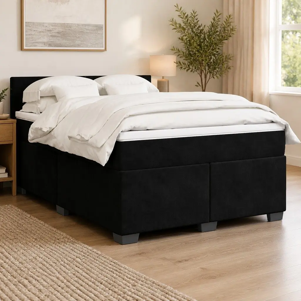 Queen Box Spring Bed Velvet Black with Pocket Spring Mattress LED Lights