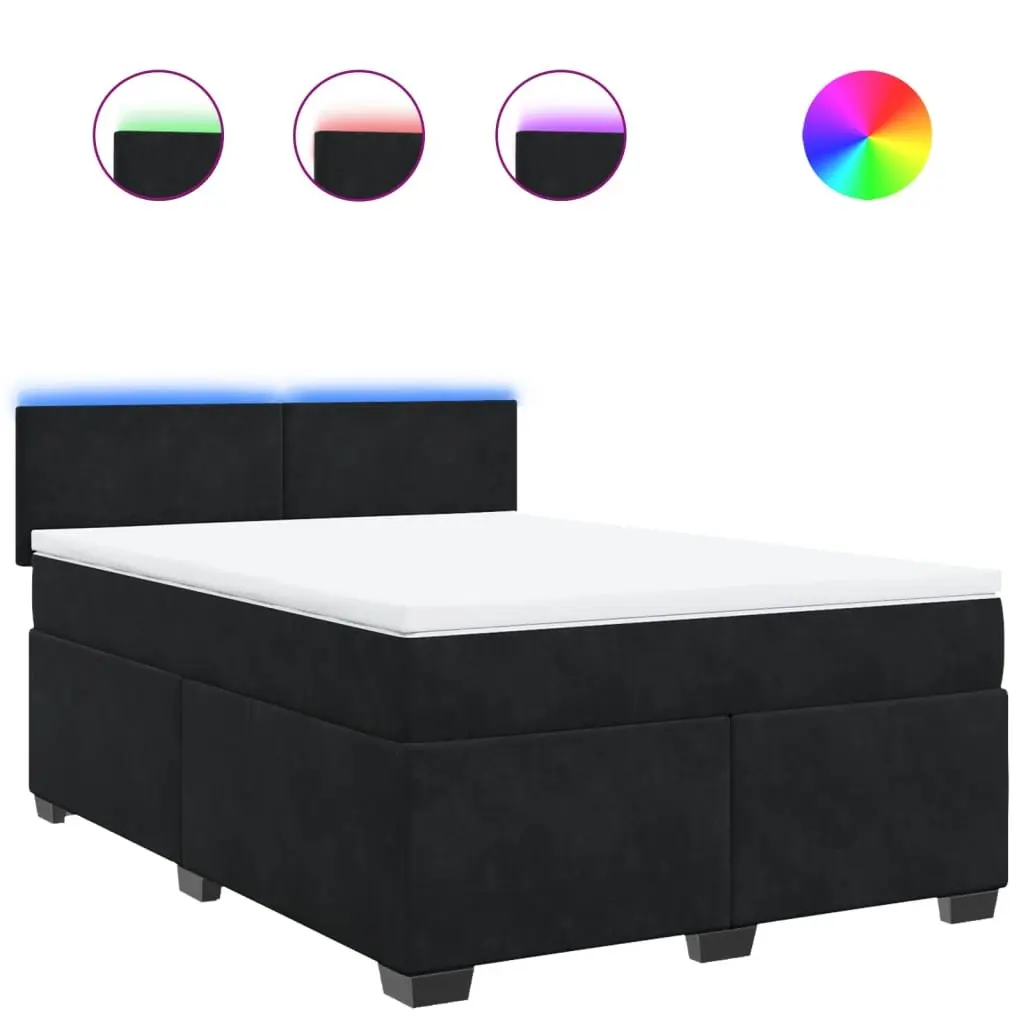 Queen Box Spring Bed Velvet Black with Pocket Spring Mattress LED Lights