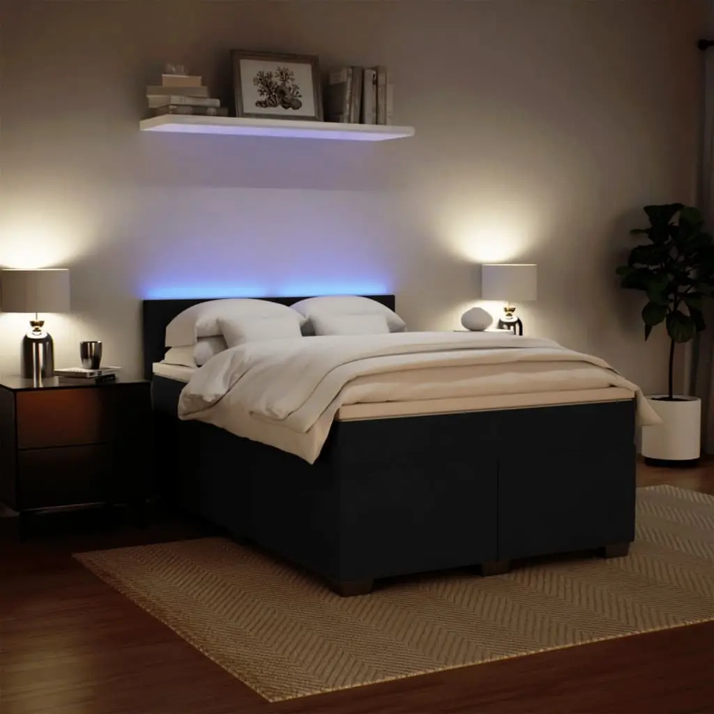 Queen Box Spring Bed Velvet Black with Pocket Spring Mattress LED Lights