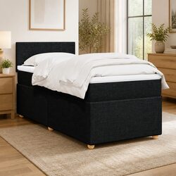King Single Box Spring Bed with Pocket Mattress LED Lights Black Fabric