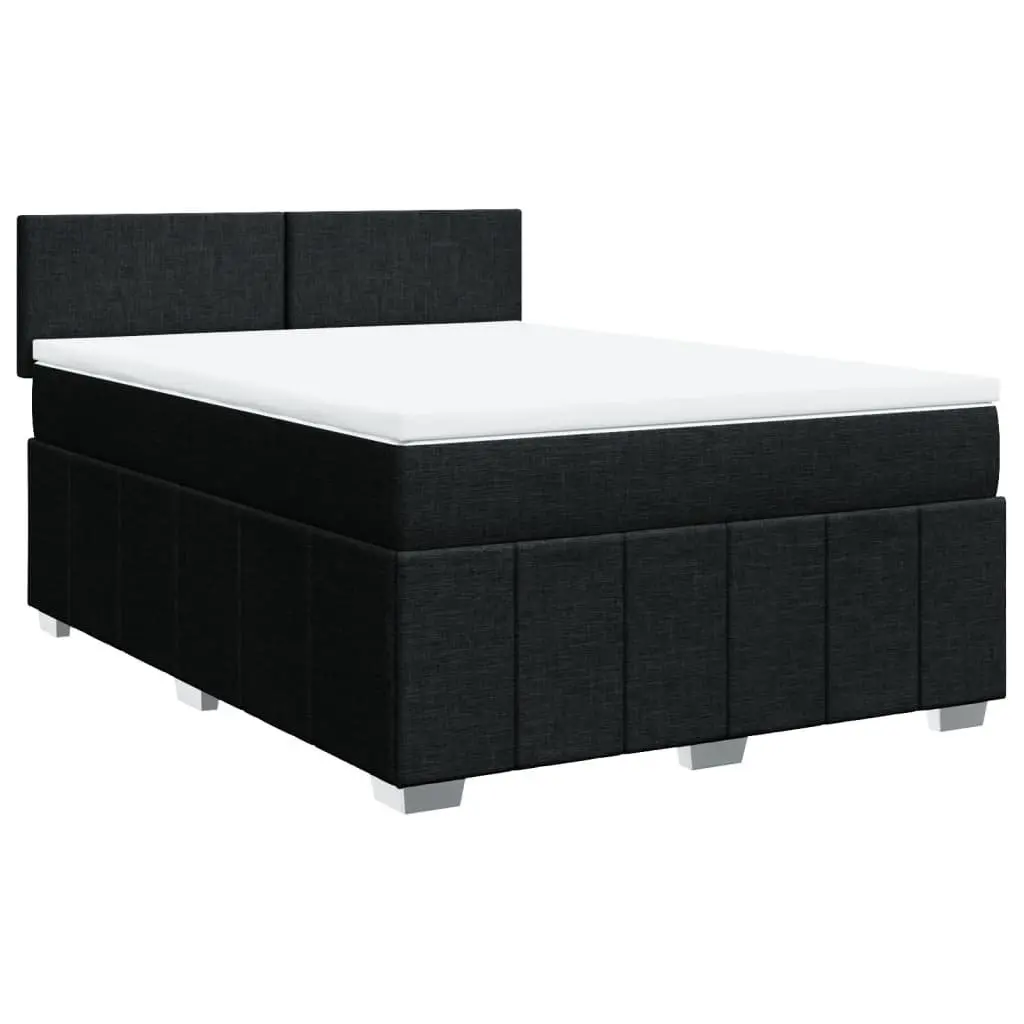 Double Box Spring Bed Polyester Fabric Black with Pocket Spring Mattress and Adjustable LED Lights