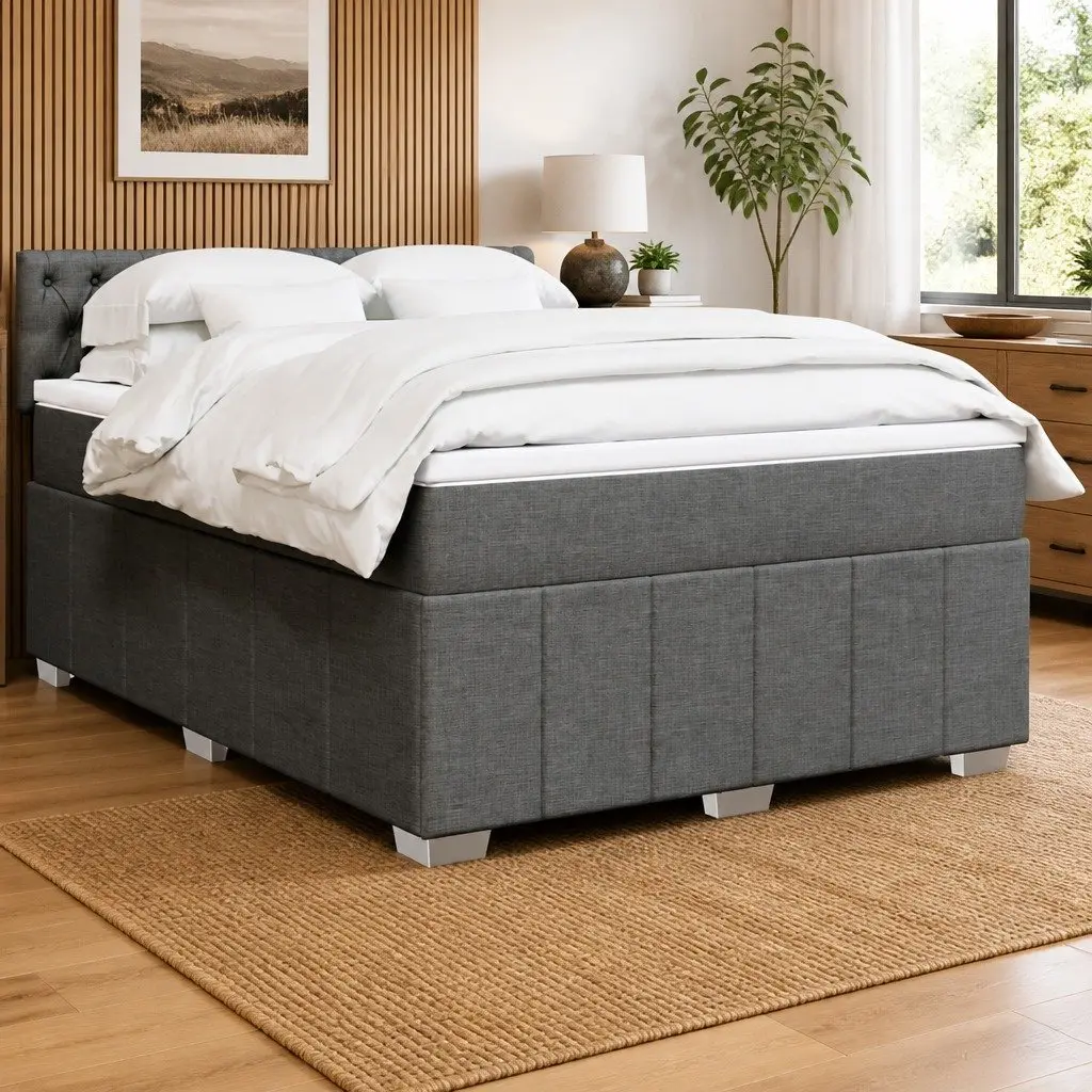 Queen Box Spring Bed Fabric Dark Grey with Mattress and Mattress Topper