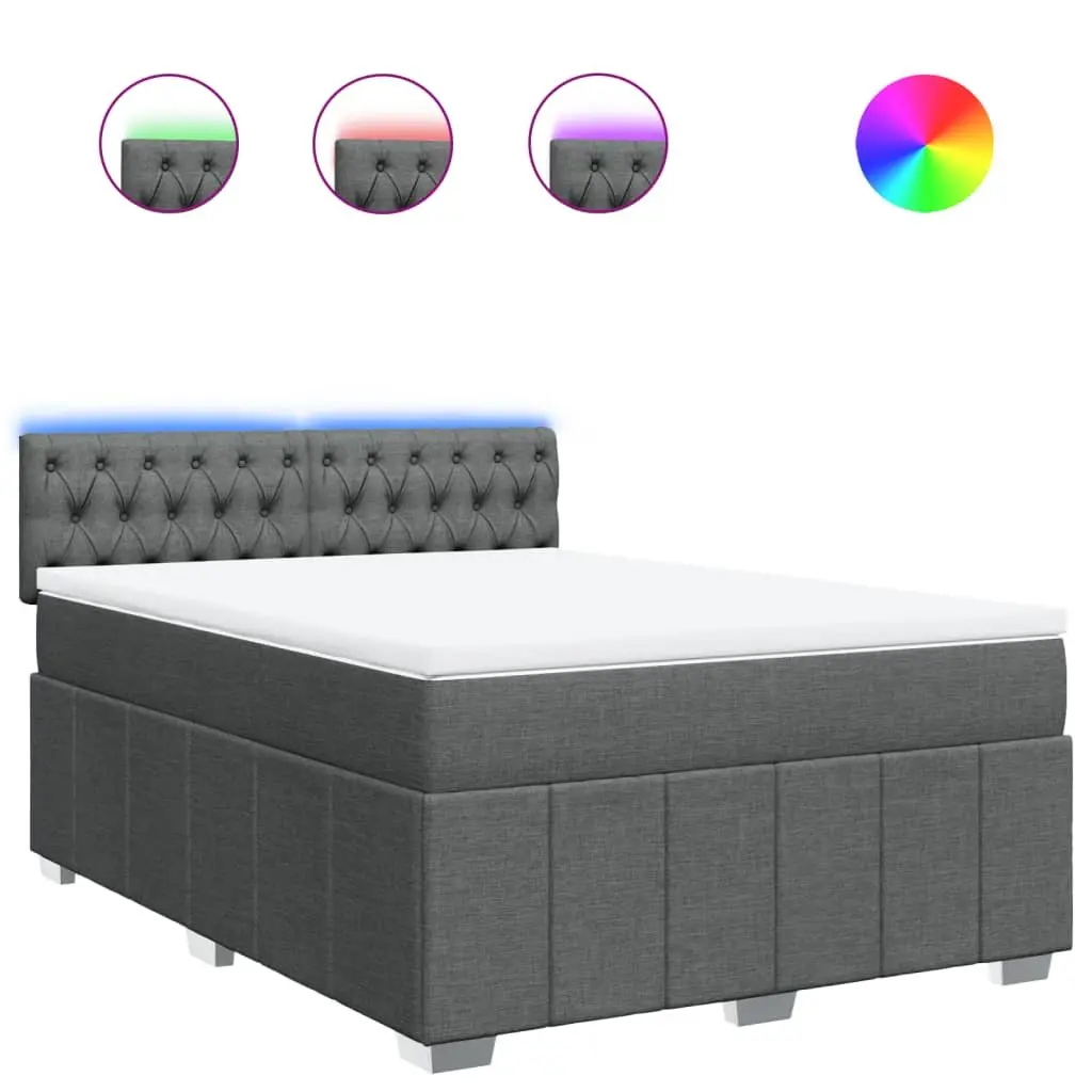 Queen Box Spring Bed Fabric Dark Grey with Mattress and Mattress Topper