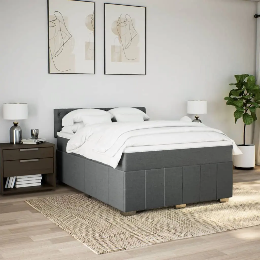 Queen Box Spring Bed Fabric Dark Grey with Mattress and Mattress Topper