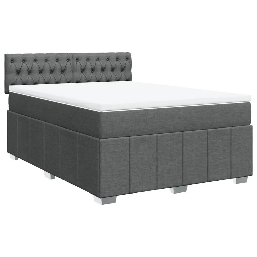 Queen Box Spring Bed Fabric Dark Grey with Mattress and Mattress Topper