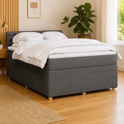 Double Box Spring Bed with Pocket Mattress LED Light Grey Fabric Frame