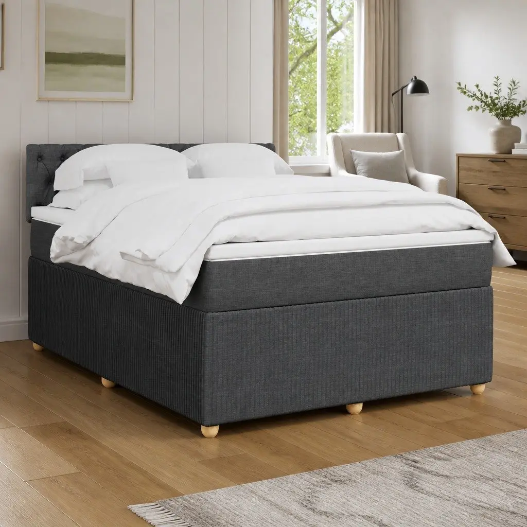 Queen Box Spring Bed Pocket Spring Mattress Grey Polyester Fabric with Adjustable LED Lights