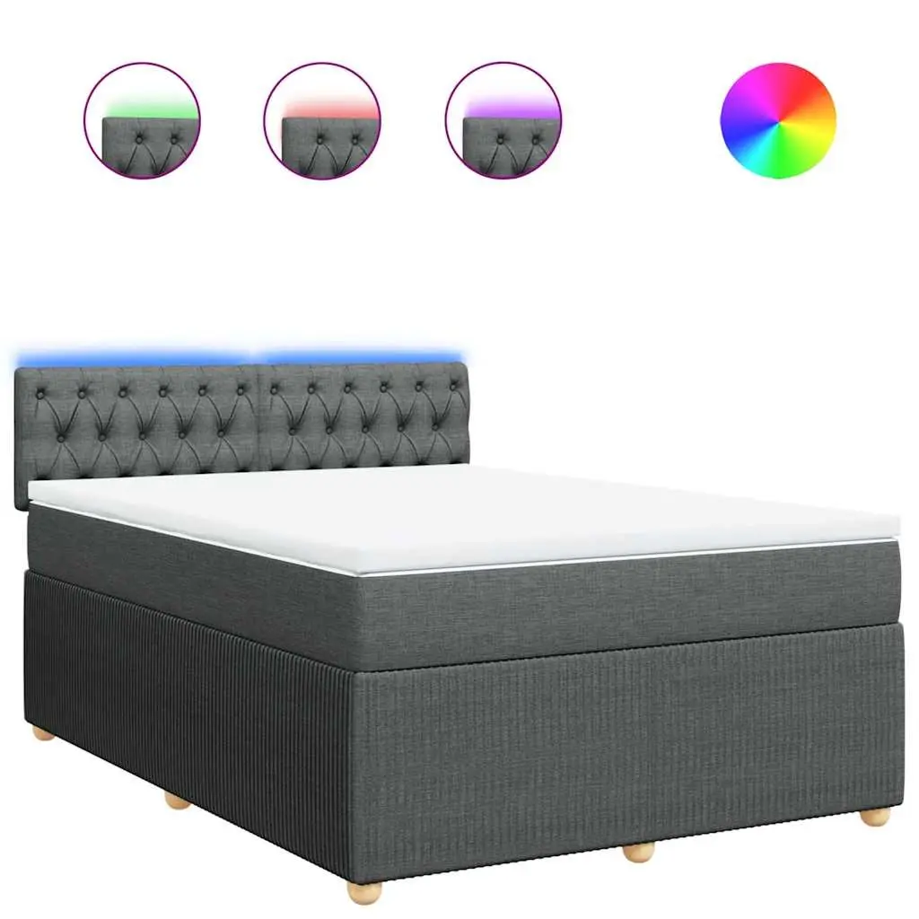 Queen Box Spring Bed Pocket Spring Mattress Grey Polyester Fabric with Adjustable LED Lights