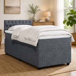 King Single Box Spring Bed with Pocket Mattress LED Lights Grey Velvet