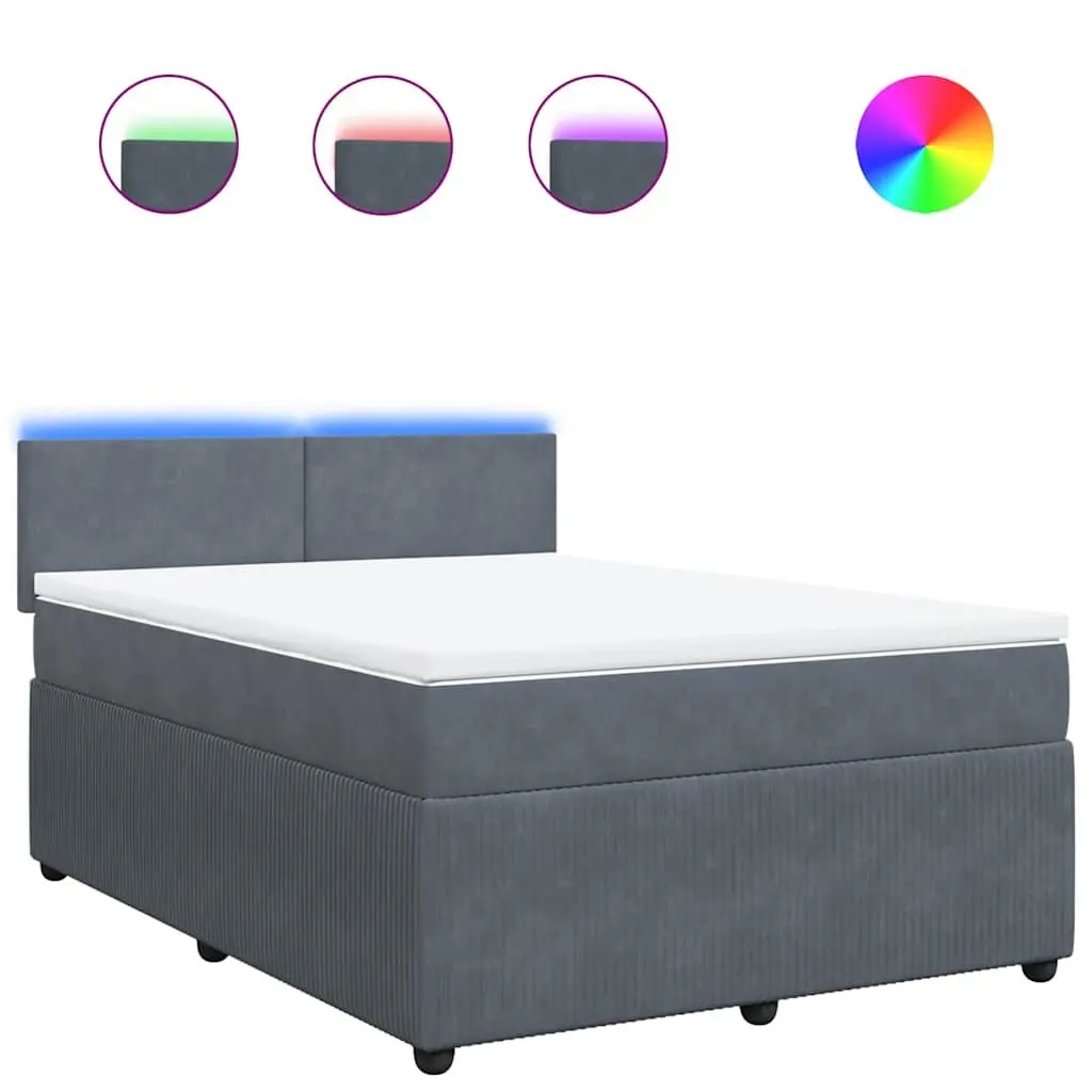 Double Box Spring Bed with Pocket Spring Mattress LED Lights Grey Velvet