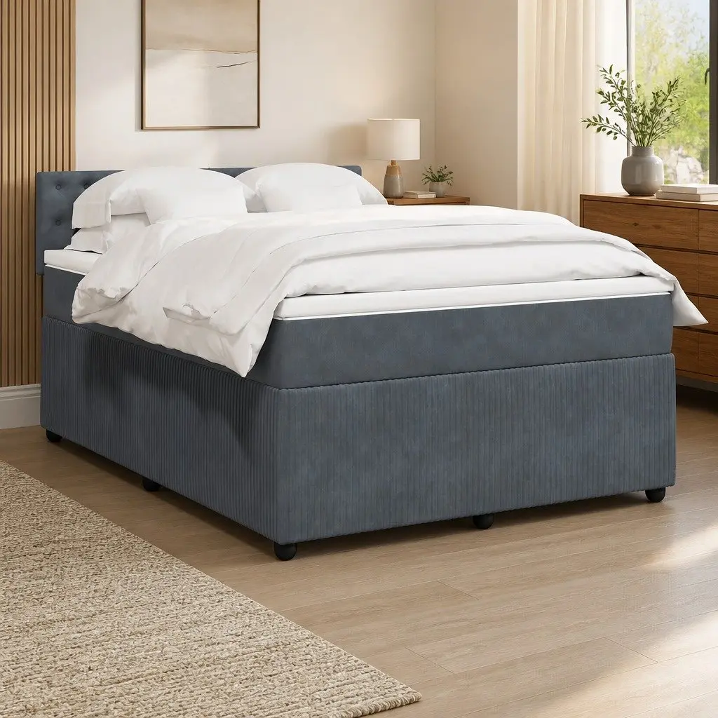 Grey Velvet Box Spring Bed with Pocket Mattress