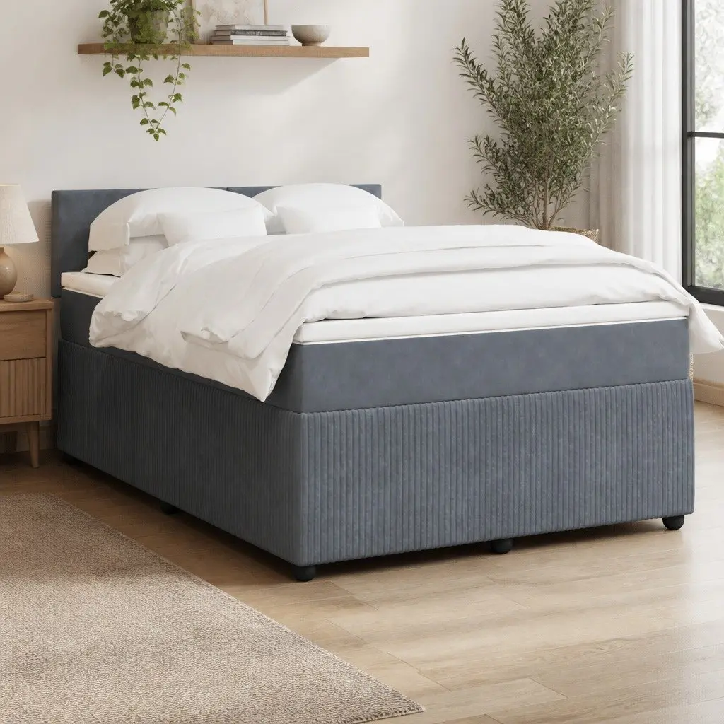 Grey Velvet Queen Box Spring Bed with Pocket Mattress
