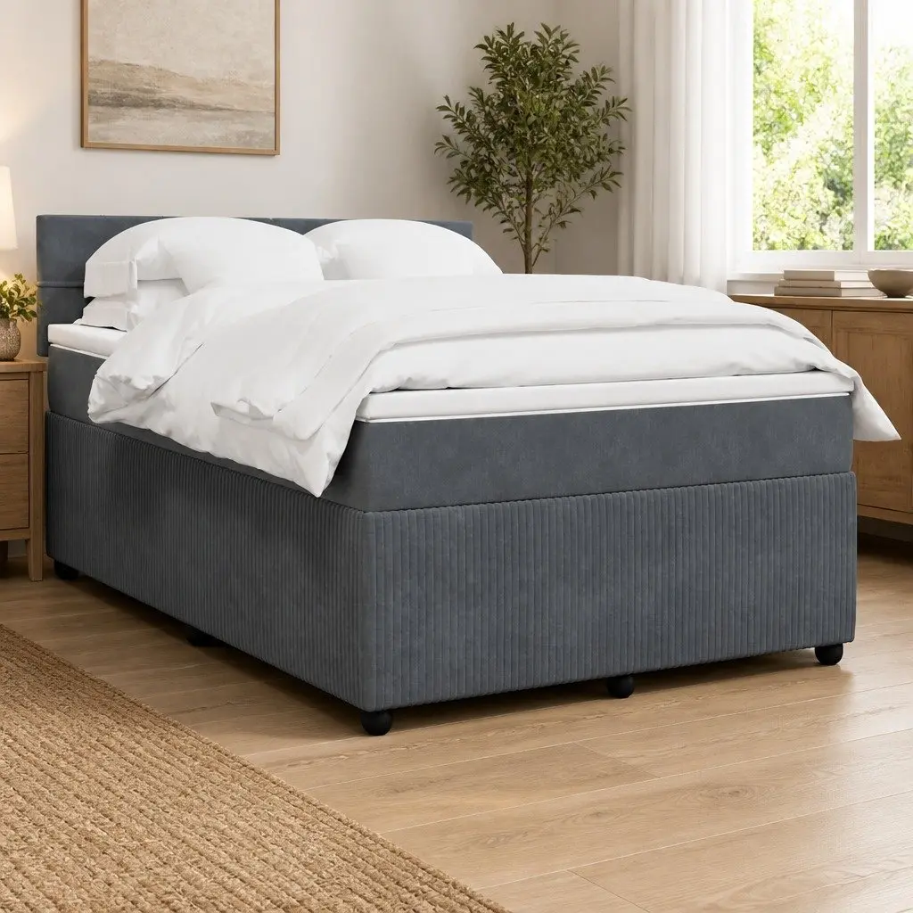 Queen Box Spring Bed Velvet Grey with Pocket Spring Mattress and Adjustable LED Lights
