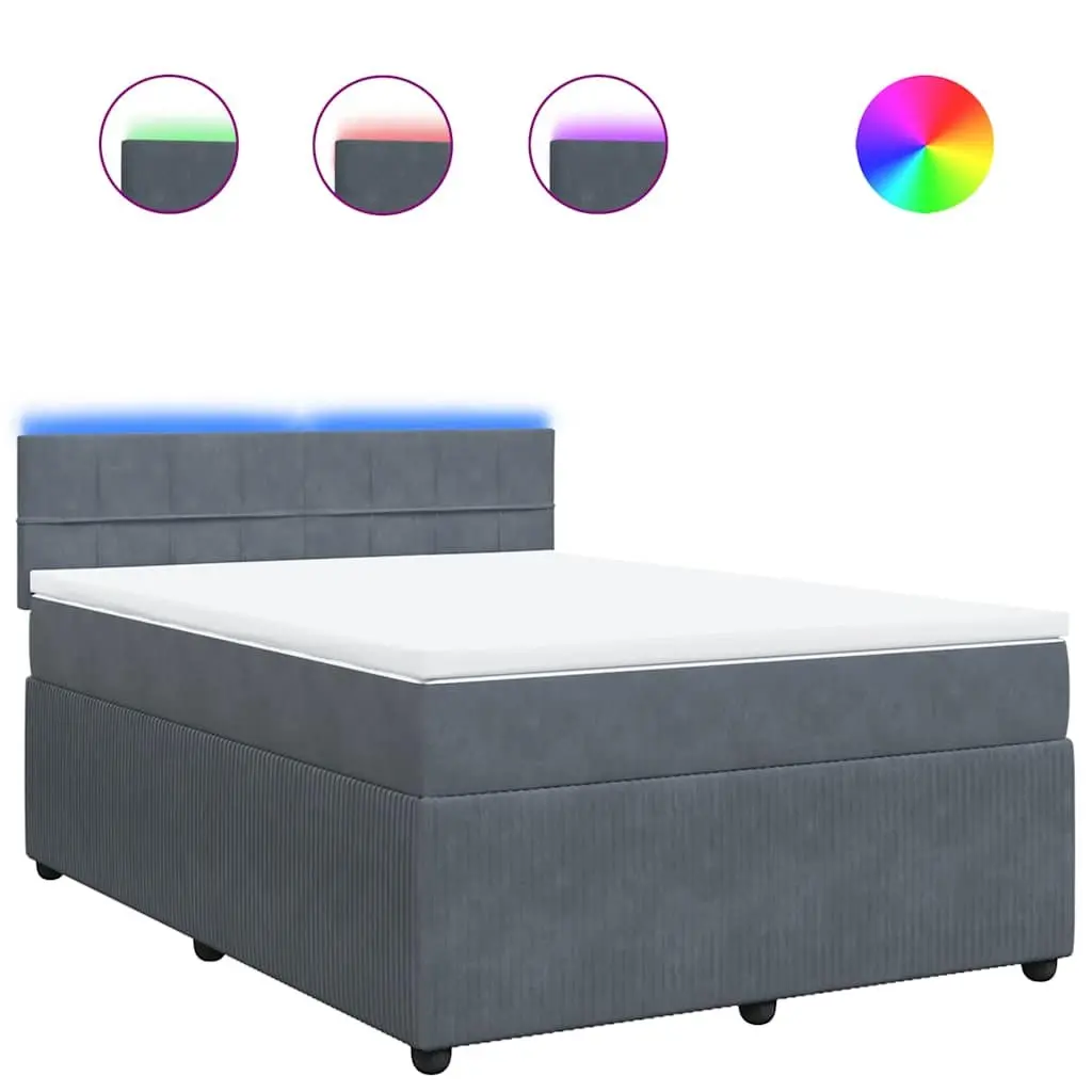 Queen Box Spring Bed Velvet Grey with Pocket Spring Mattress and Adjustable LED Lights