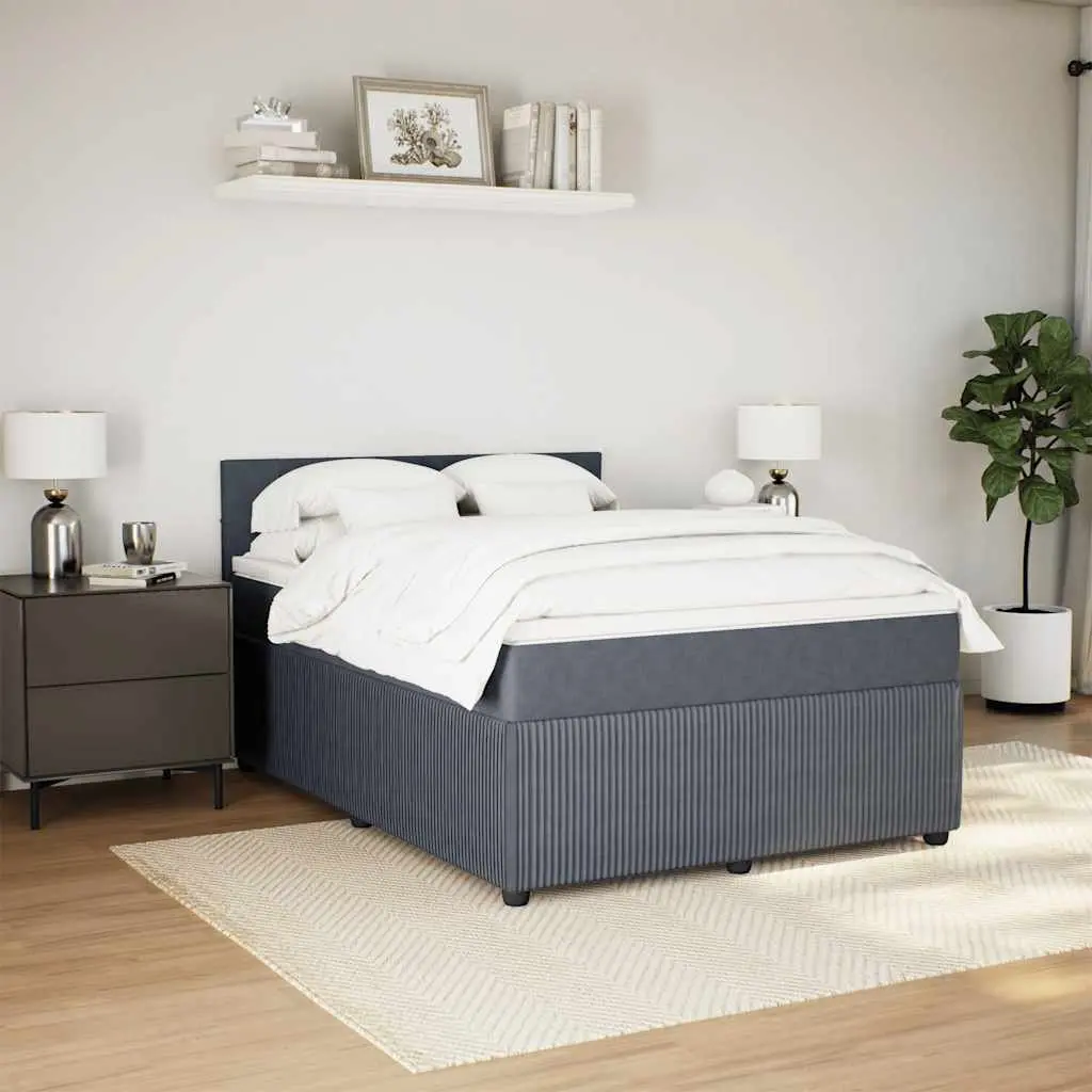 Queen Box Spring Bed Velvet Grey with Pocket Spring Mattress and Adjustable LED Lights