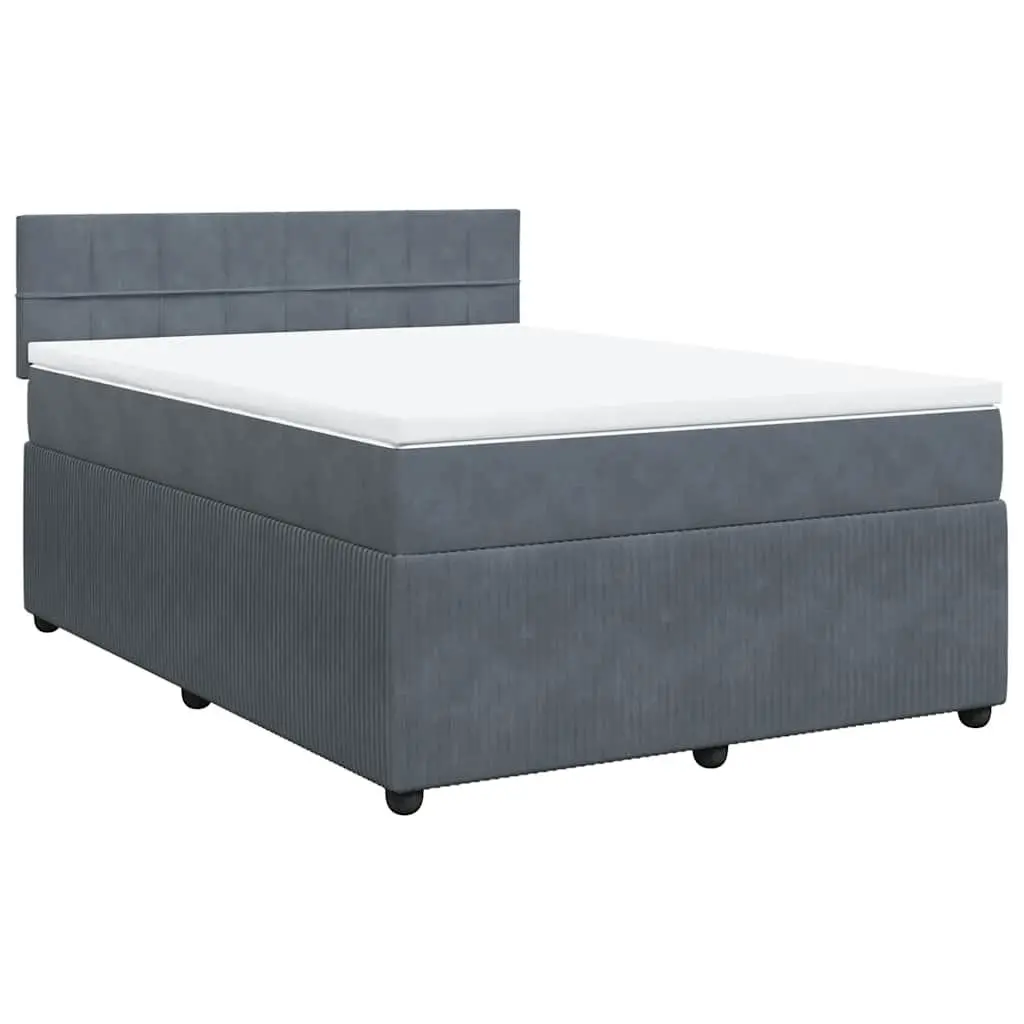 Queen Box Spring Bed Velvet Grey with Pocket Spring Mattress and Adjustable LED Lights