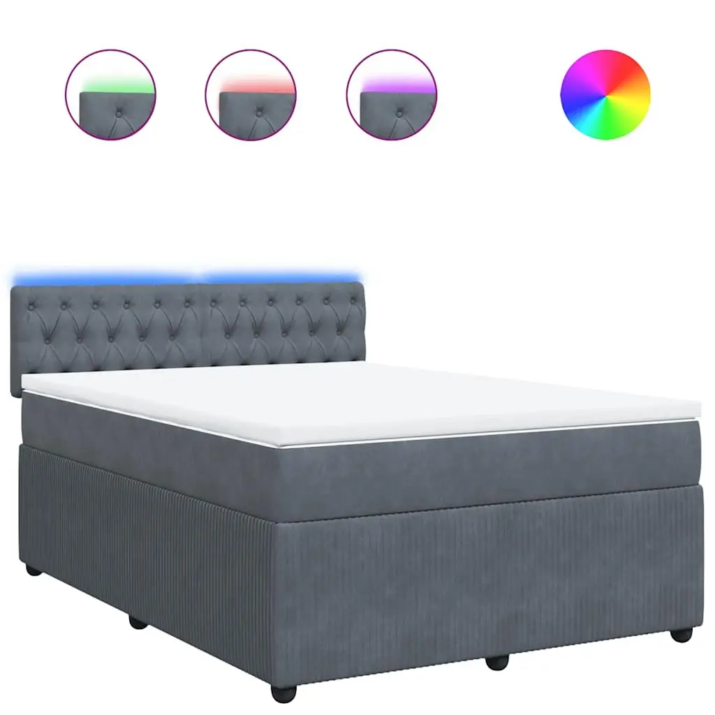 Box Spring Bed Velvet Queen Grey with Pocket Spring Mattress and LED Lights