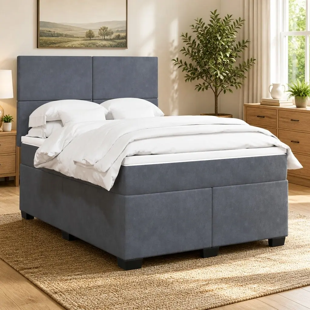 Box Spring Bed with Pocket Spring Mattress & Velvet Headboard
