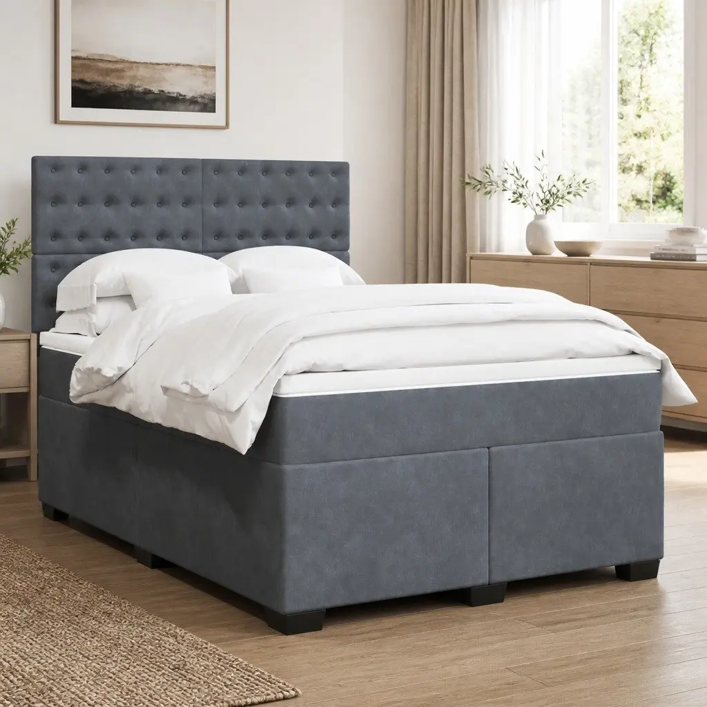 Grey Velvet Double Box Spring Bed with Mattress