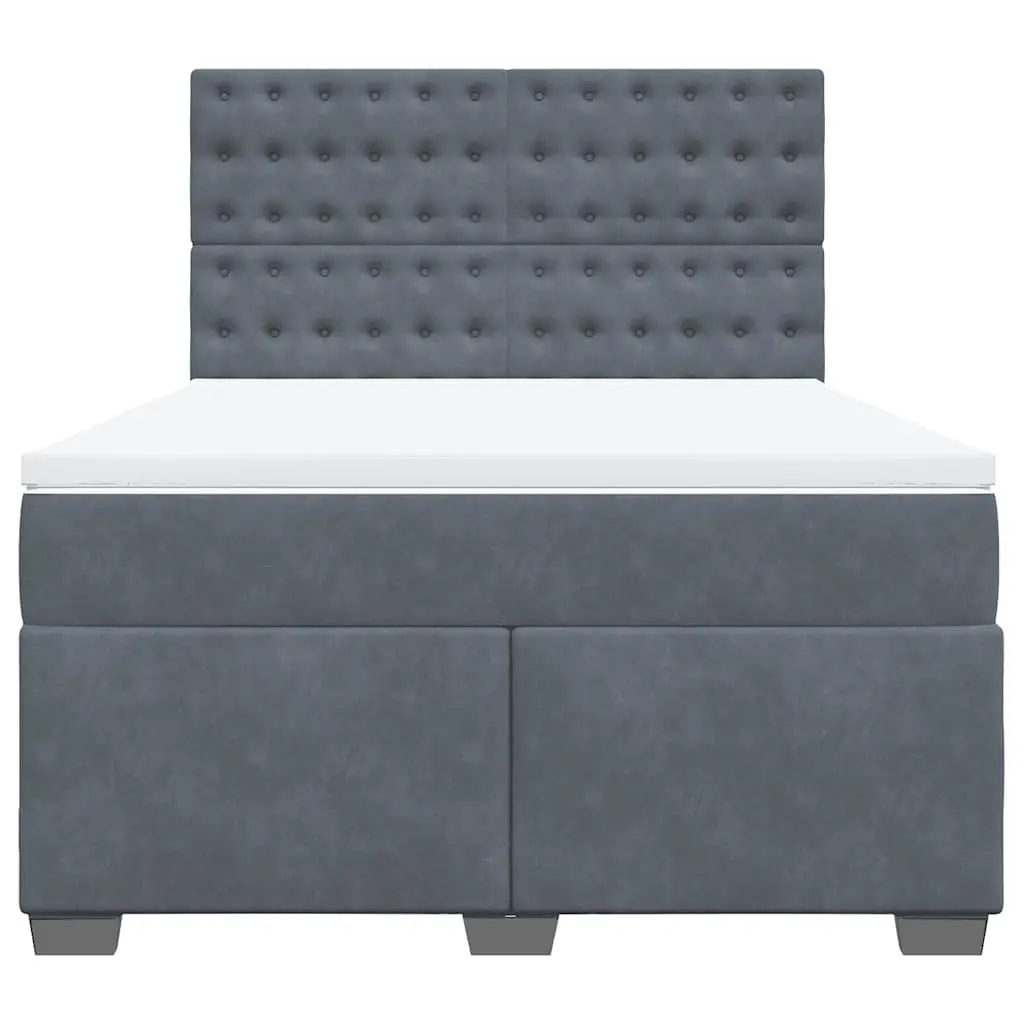 Grey Velvet Double Box Spring Bed with Mattress