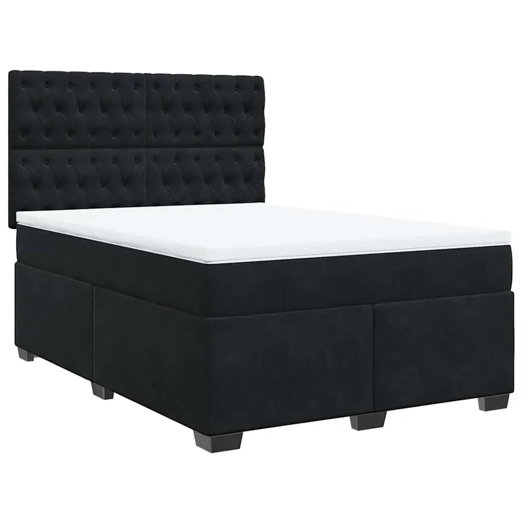 Box Spring Bed Velvet Queen Black with Pocket Mattress Adjustable Headboard