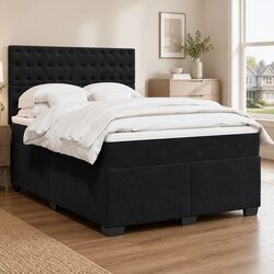 Queen Box Spring Bed with Pocket Mattress Black Velvet Adjustable Headboard