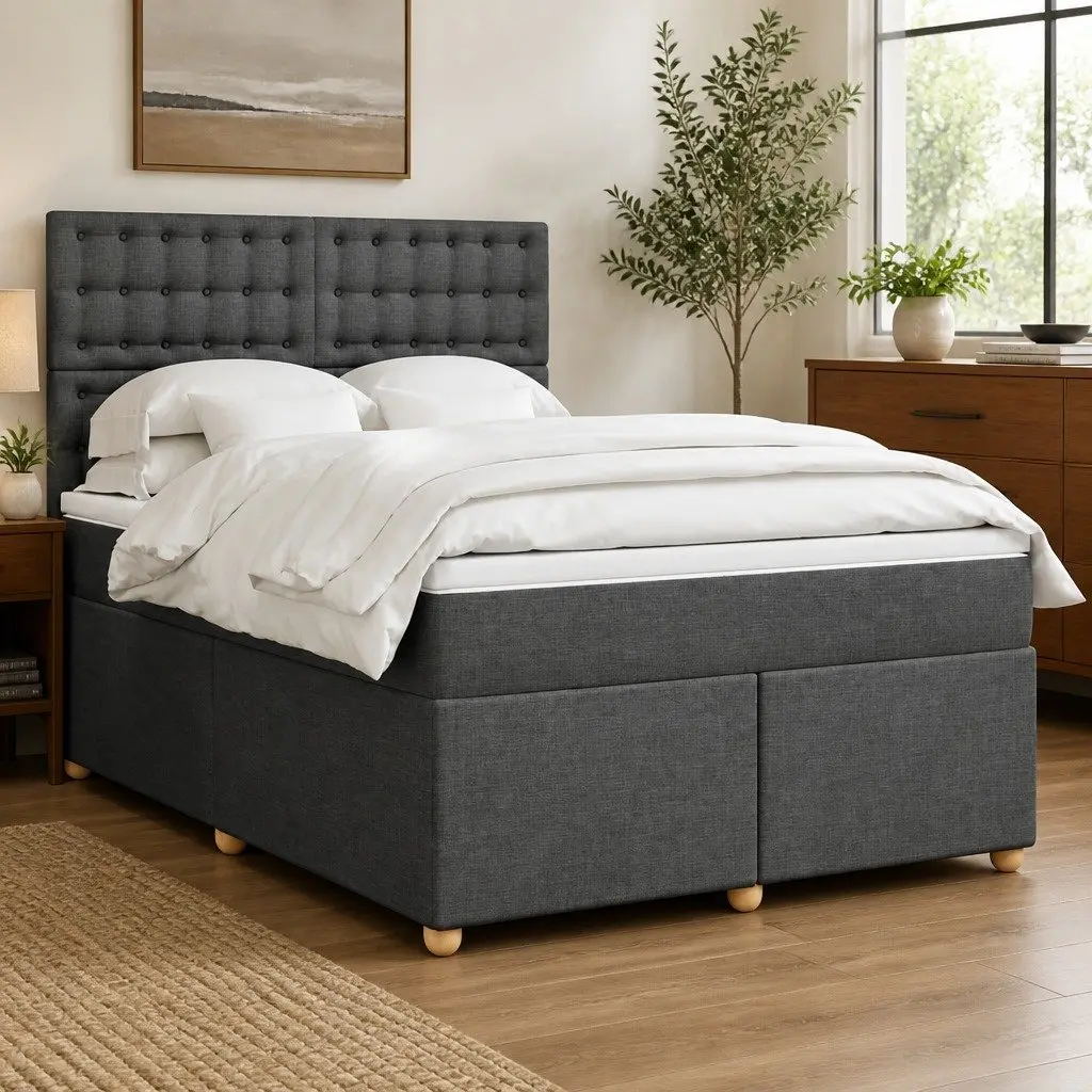 Queen Box Spring Bed with Adjustable Headboard