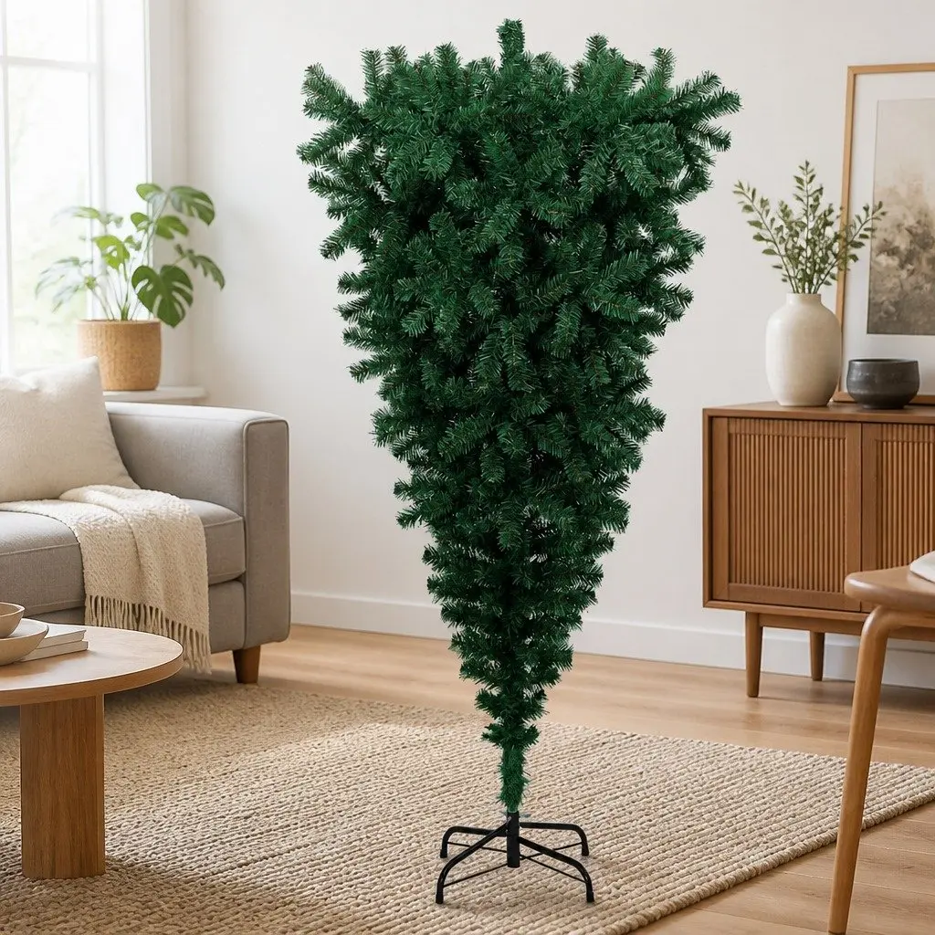 Upside-Down Artificial Christmas Tree Green 210cm with Stand Holiday Decoration