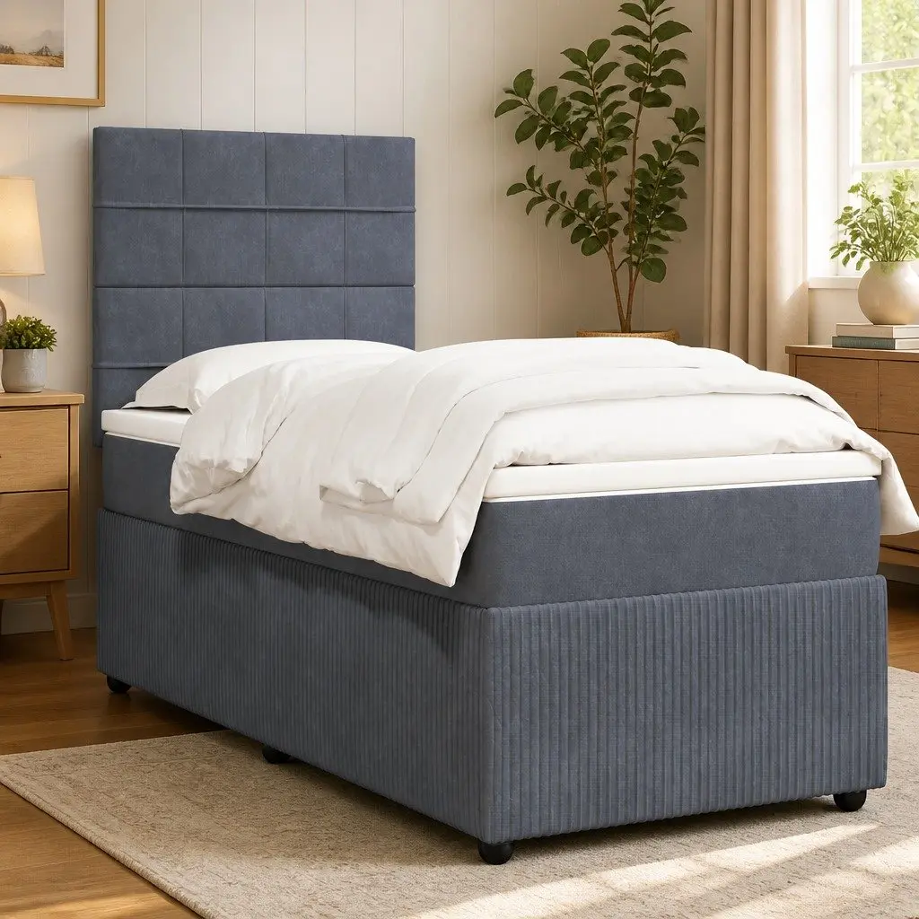 Grey Velvet Box Spring Bed with Pocket Spring Mattress