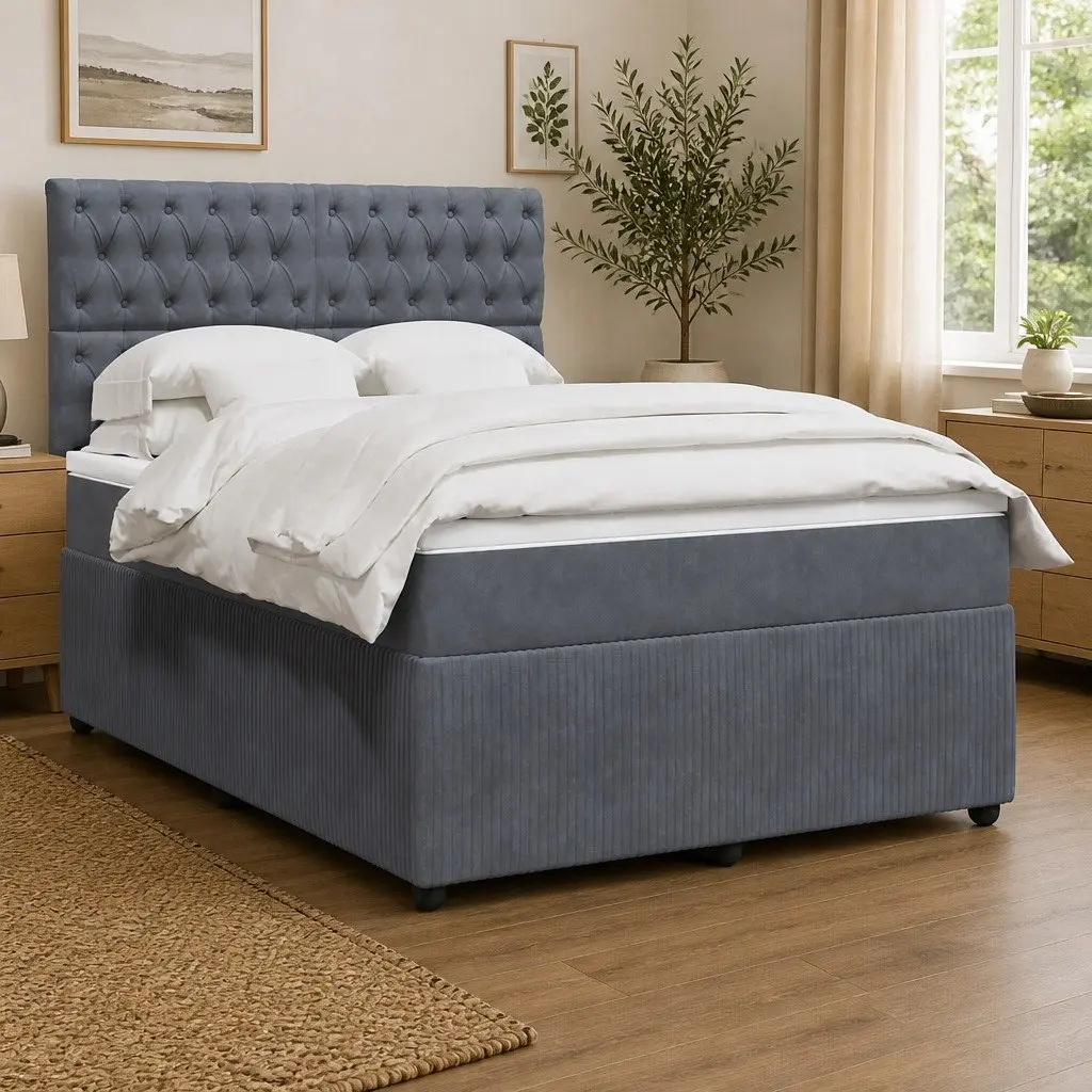 Queen Box Spring Bed with Adjustable Headboard in Grey Velvet
