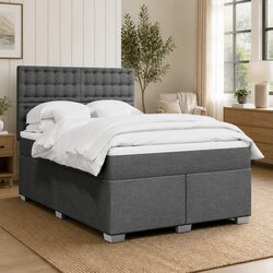 Double Box Spring Bed with Pocket Mattress LED Headboard Grey Fabric