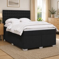 Double Box Spring Bed with Pocket Mattress LED Lights Adjustable Headboard Black