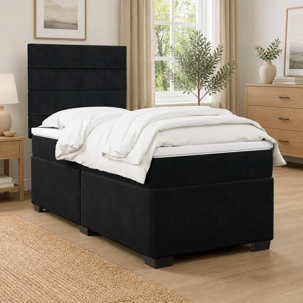 Box Spring Bed Velvet King Single with Pocket Sprung Mattress LED Lights Black