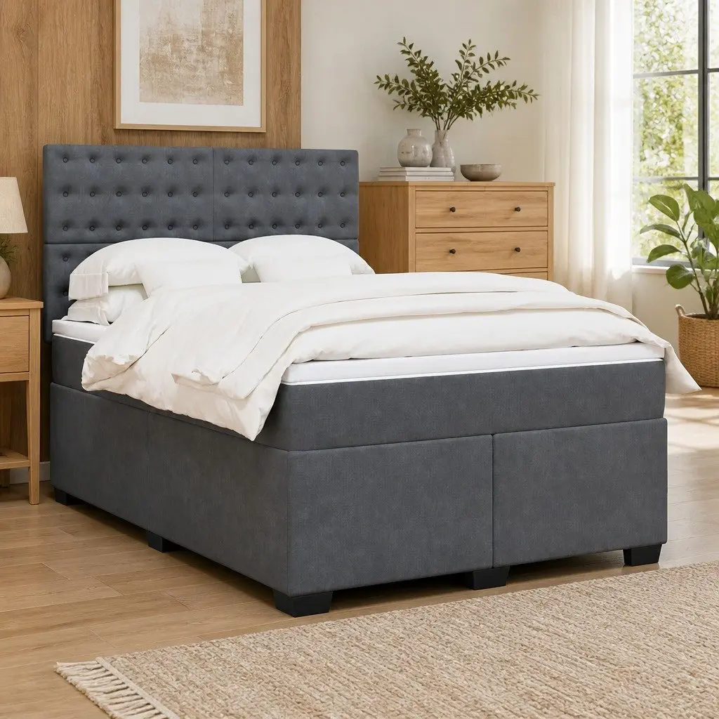 Grey Double Box Spring Bed with Pocket Mattress and LED Lights