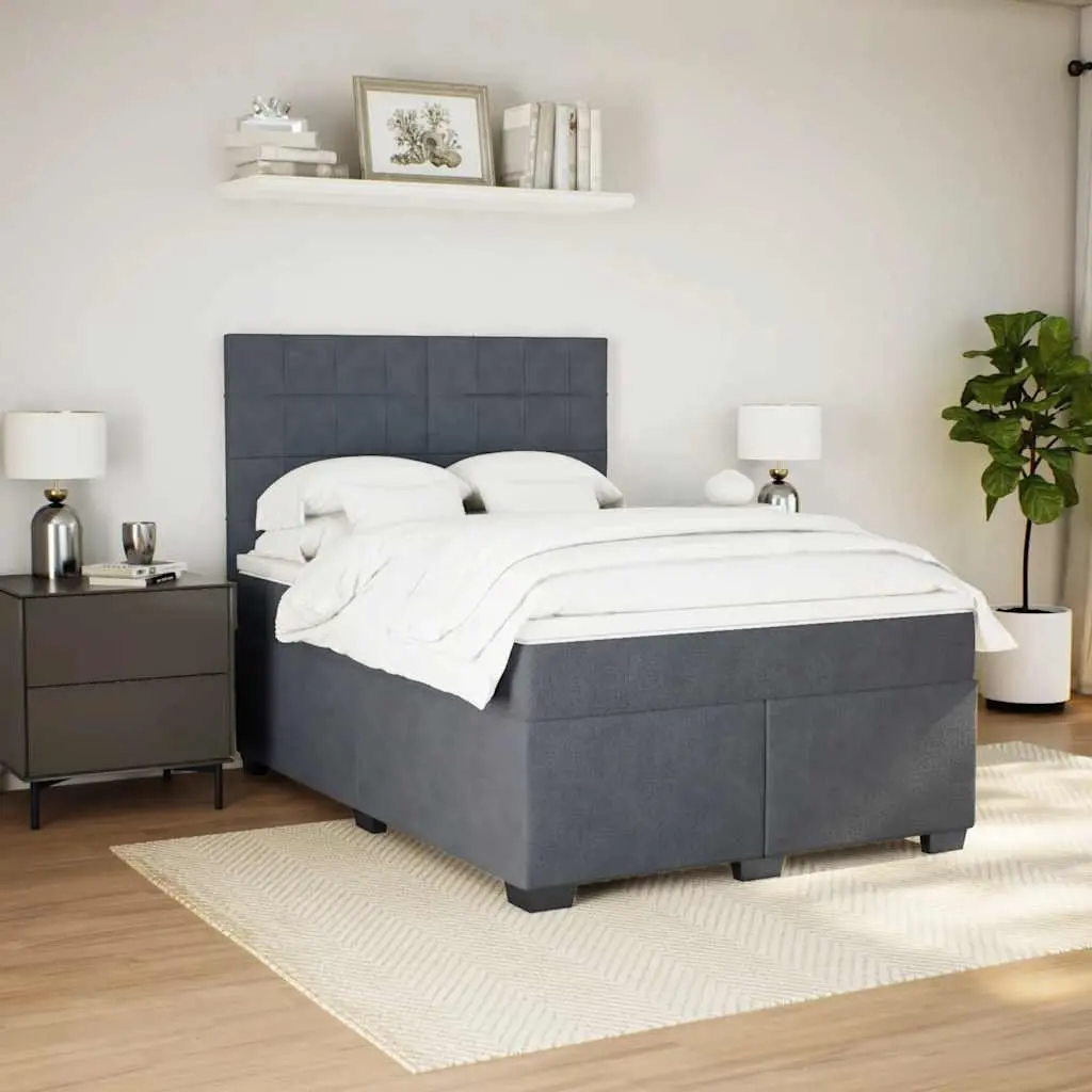 Queen Box Spring Bed Pocket Spring Mattress Velvet Grey Adjustable Headboard LED Lights