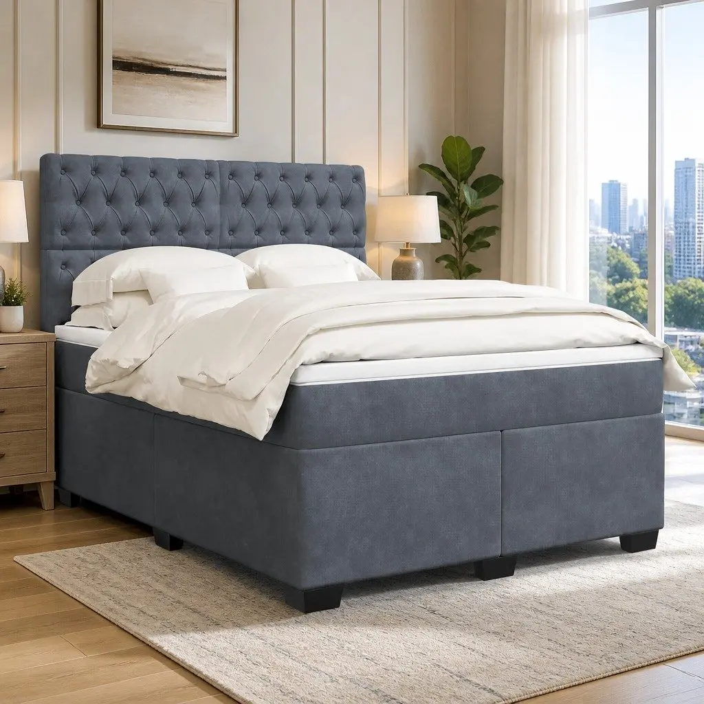 Queen Box Spring Bed with Adjustable Headboard & LED Lighting